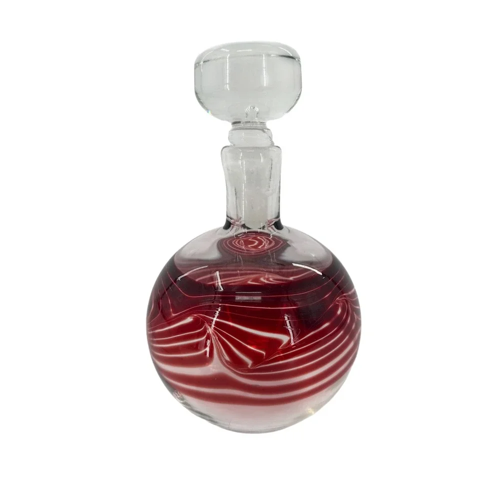 Vanderlaan Glass Decanter Red White Swirl Hand Blown Art Glass Stopper